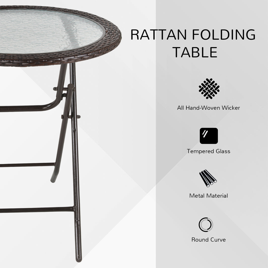 Folding Round Tempered Glass Metal Table with Brown Rattan Edging