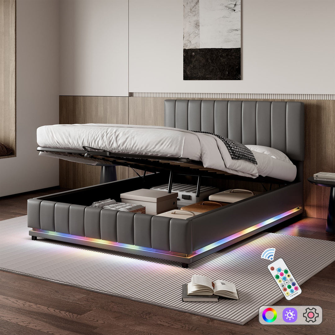 PU Leather Ottoman Upholstered Double Bed with LED Lighting