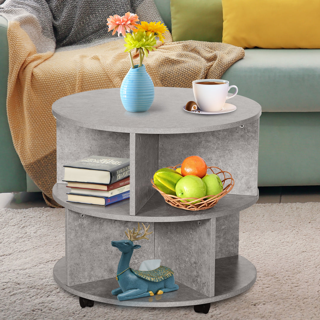 2 Tier Round Side End Table Coffee Desk with Divided Shelves Tea Table Storage Unit Living Room Organiser with Wheels - Cement colour