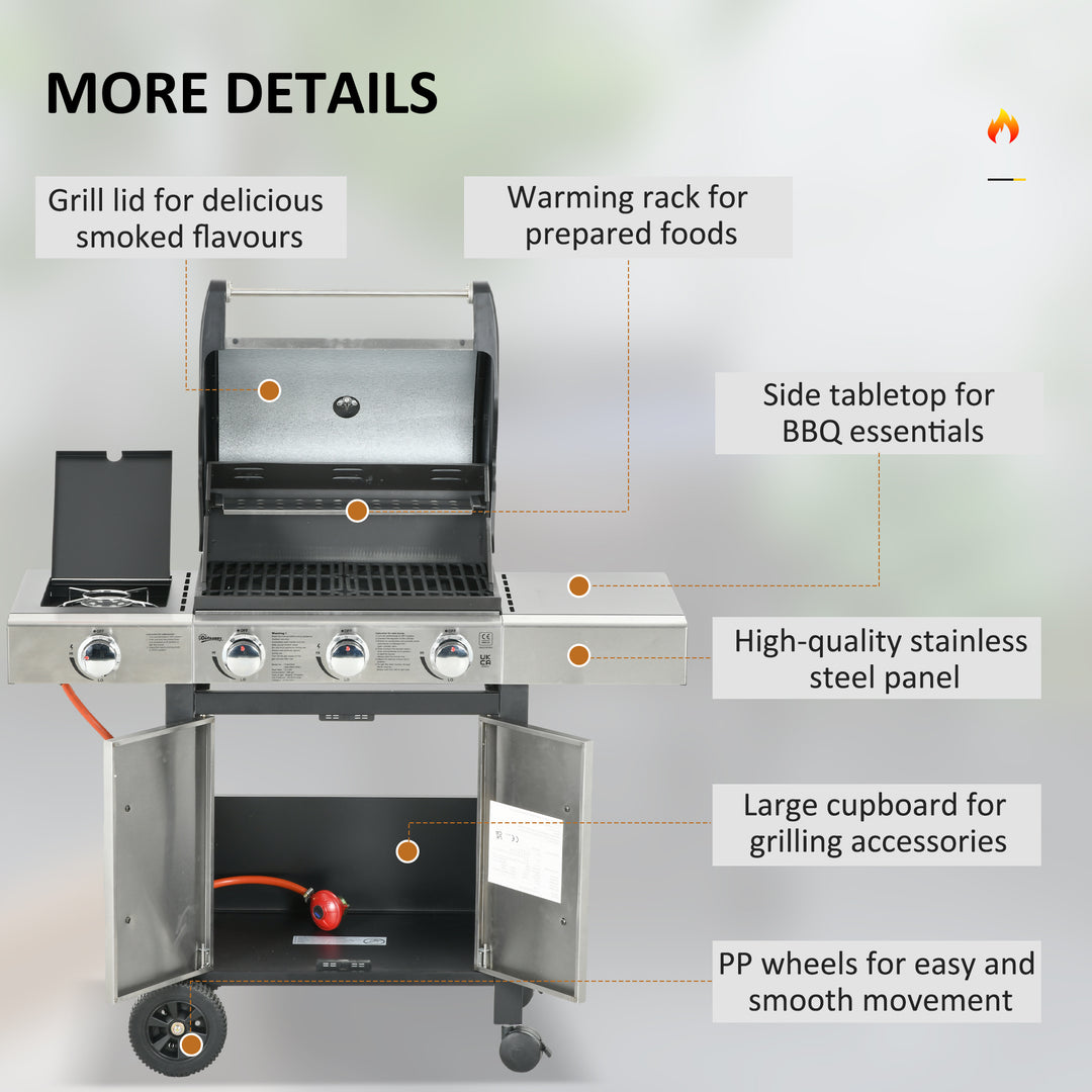 Gas Barbecue Grill 3+1 Burner Garden Smoker BBQ Trolley w/ Side Burner Warming Rack Side Shelves Piezo Ignition Thermometer