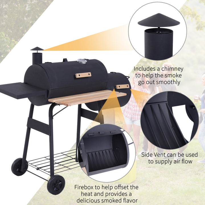 Charcoal Barbecue Grill Garden Portable BBQ Trolley w/ Offset Smoker Combo