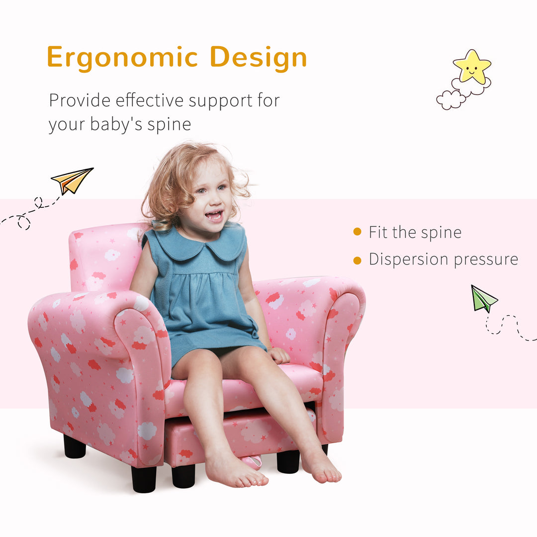 Kids Children Armchair Mini Sofa Wood Frame w/ Footrest Anti-Slip Legs High Back Arms Bedroom Playroom Furniture Cute Cloud Pink