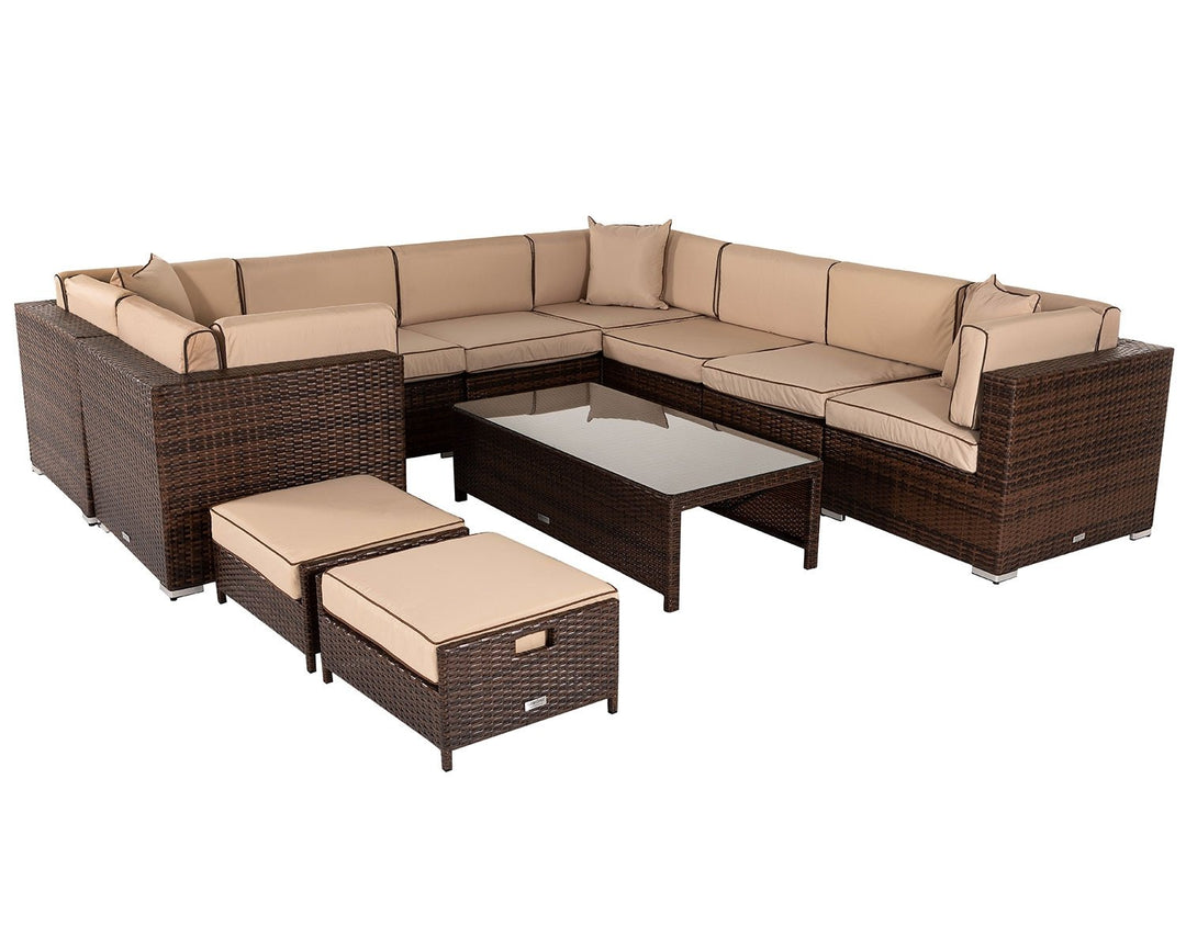 Rattan Garden Corner Sofa Set in Brown & Cream - Geneva 11 Piece - Rattan Direct