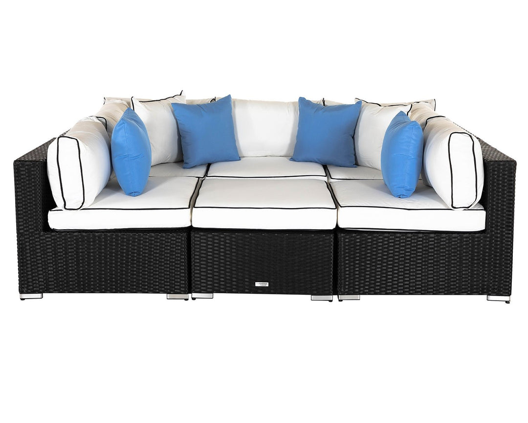 Geneva 6 Piece Rattan Garden Daybed Sofa Set in Black & White - Rattan Direct