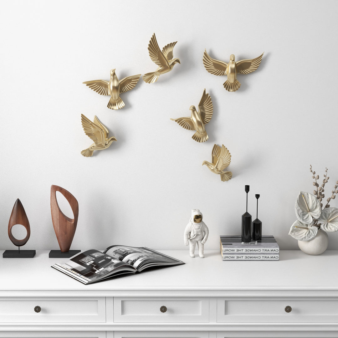 6 Pieces Set Gold Flocking Birds Modern Wall Decor Set for Living Room - DIY Combination