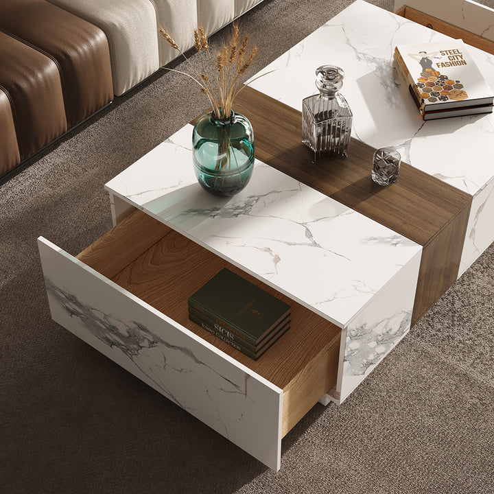 Homary Vewal Wood Block Coffee Table Marble & Walnut Veneer in White with 2 Drawers