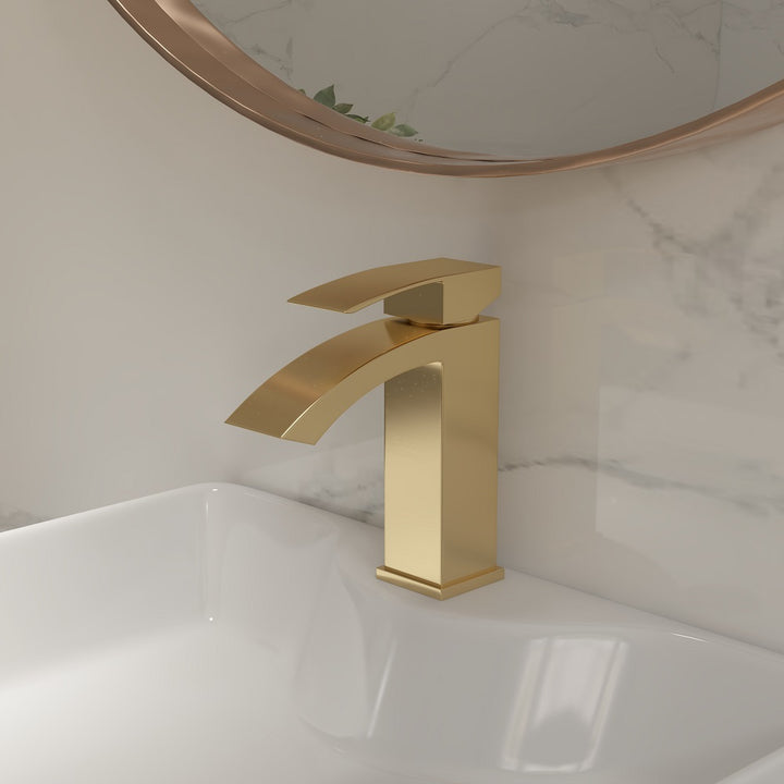 Ridge Contemporary Style Brushed Gold Single Hole Deck Mounted Bathroom Sink Faucet