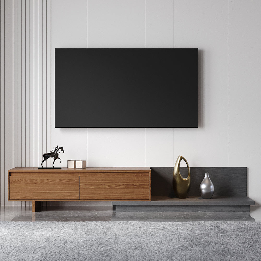 Homary Fero Minimalist Retracted & Extendable 2 Drawers TV Stand in Walnut & Gray Up to 75"