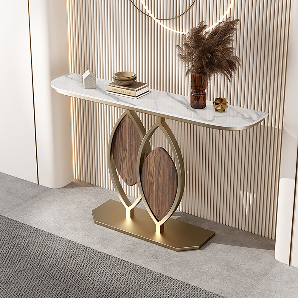 1000mm White Console Table Wooden Accent Table For Entryway with Sintered Stone Top & Abstract Base in Rose Gold & Walnut Finish