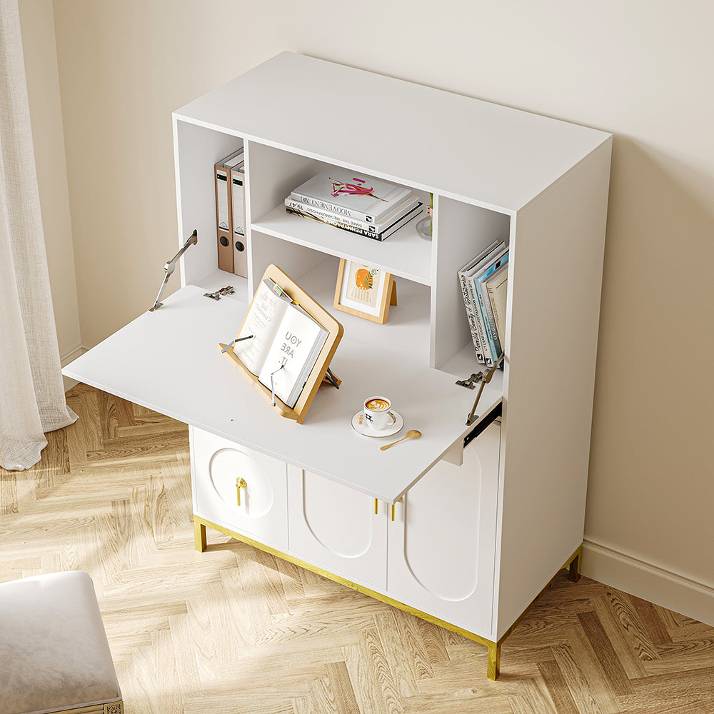 1000mm Modern White & Gold Secretary Desk with 3 Drawers and 3 Doors Flip Design