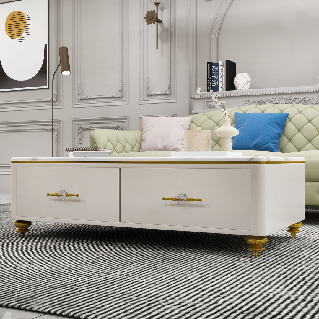 Chift 1300mm Modern Marble White Coffee Table & Storage Drawers Gold Stainless Steel Leg