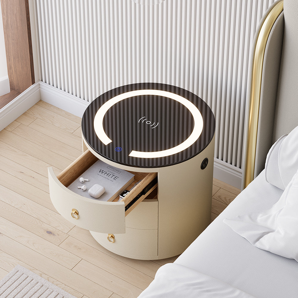 Round PU Leather Nightstand with Wireless Charging & Speakers & USB Port Modern Off-White Bedside Table