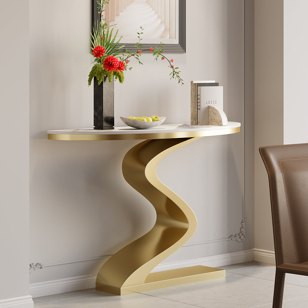 Curved Console Table with Sintered Stone Top Half Moon Shape Entryway Furniture in White & Gold (1000mm Wide)