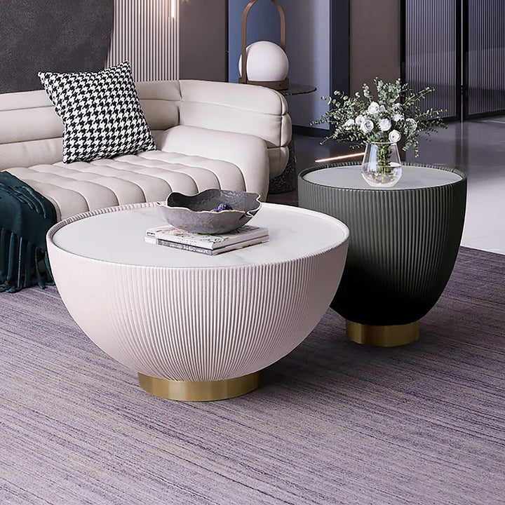 Round 2-Piece Nesting Set Sintered Stone Top Beige and Gray Drum Coffee Table with PU Leather Around