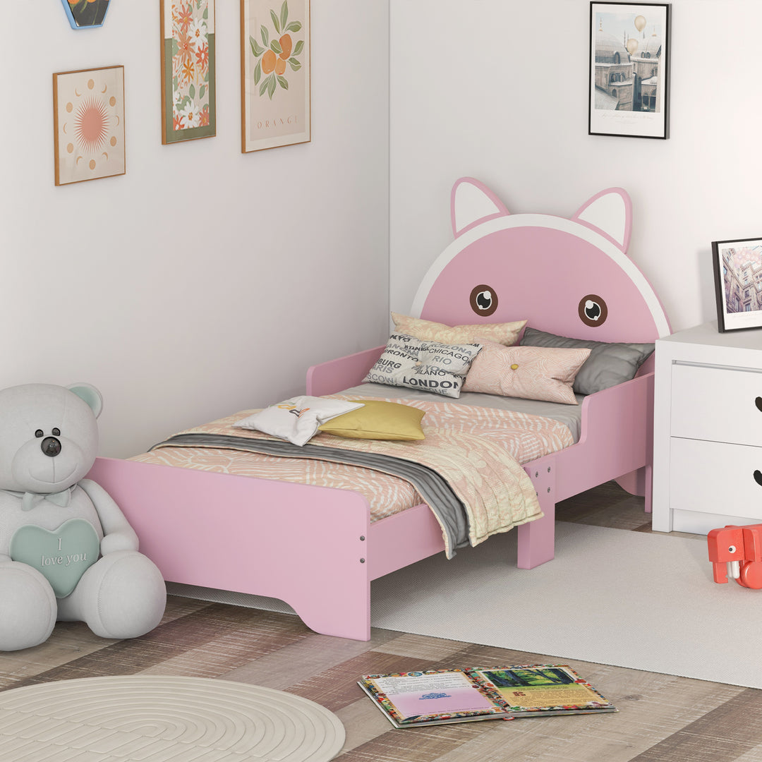 Bed for Kids Cat Design Toddler Bed Frame Bedroom Furniture with Guardrails