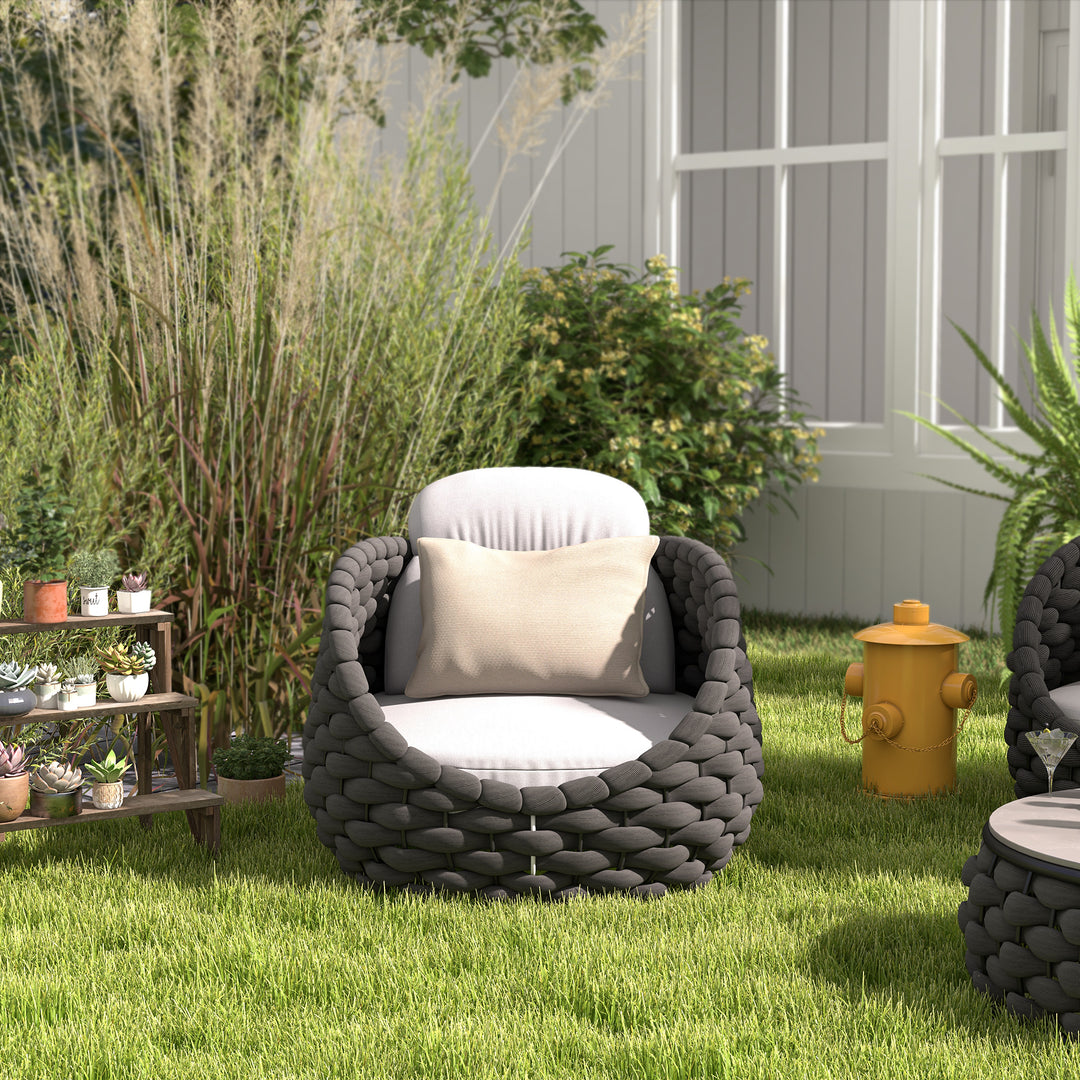 Tatta Modern Outdoor Swivel Chair 360 Rotatable Gray & Black Woven Rope Armchair Sofa