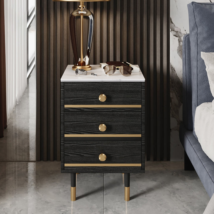 Modern Black Nightstand White Faux Marble Top Bedside Cabinet with 3 Drawers in Gold