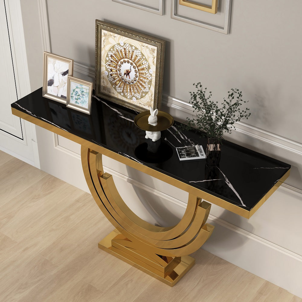 1200mm Gold & Black Marble Console Table Narrow Rectangle Entryway Table