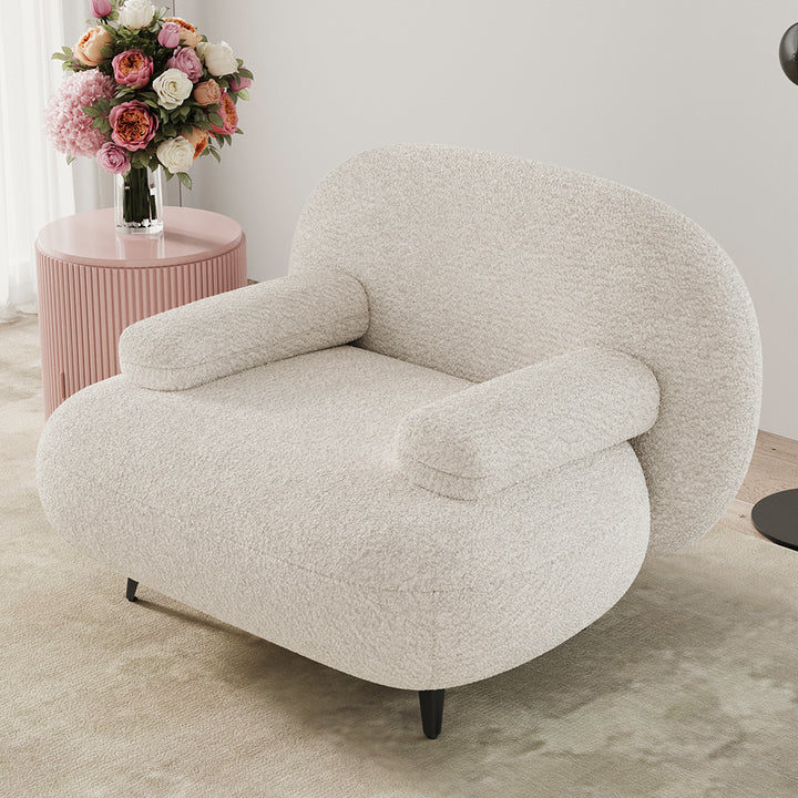 Modern White Cream Boucle Accent Chair with Pouf Ottoman Set Lounge Chair with Footstool