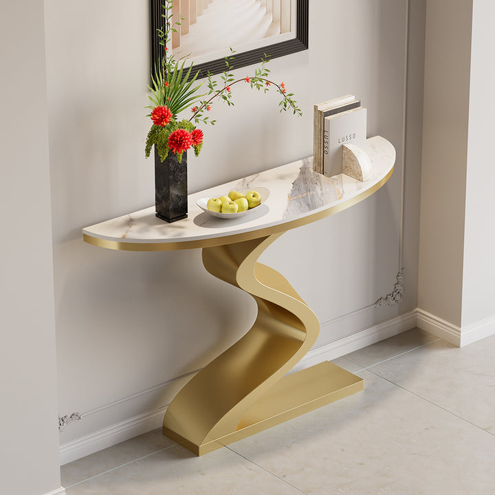 Curved Console Table with Sintered Stone Top Half Moon Shape Entryway Furniture in White & Gold (1000mm Wide)