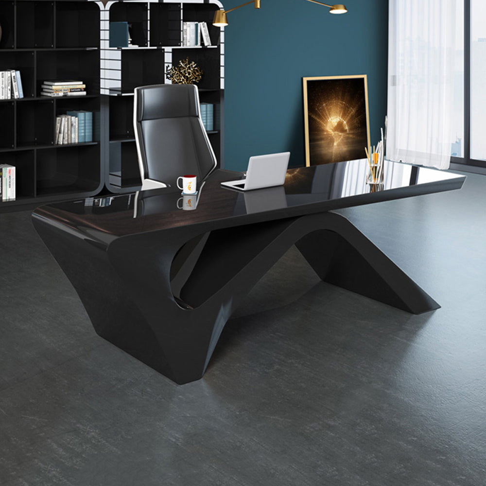 Modern Black Computer Desk Rectangular Office Desk with Pedestal Base (1600mm)