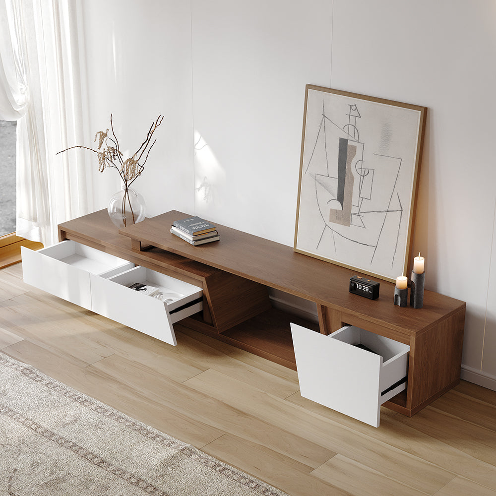 Up to 2800mm Extendable White & Walnut TV Stand Minimalist Floor Media Console with 3 Drawers