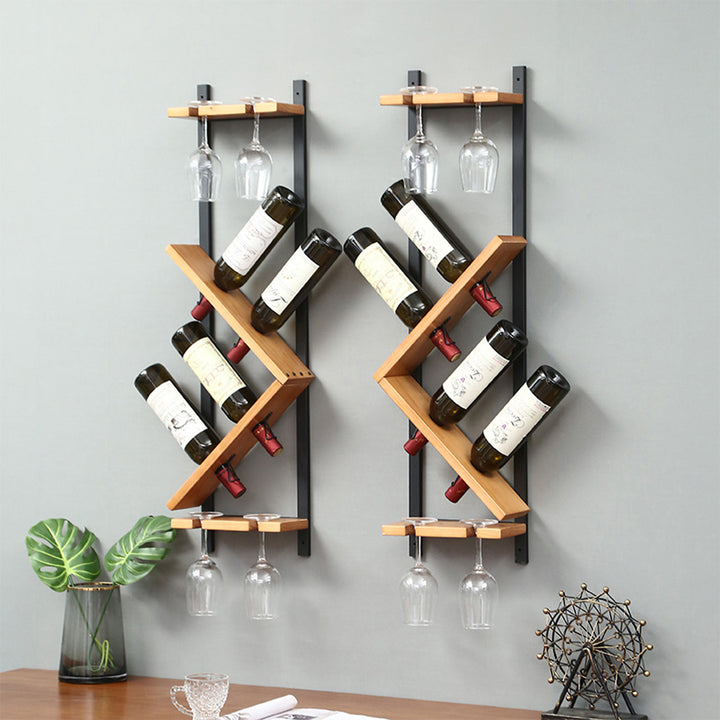 Modern Wall Mounted Wood Wine Rack 4-Bottle & 4 Wine Glass Rack Stemware Holder Rack