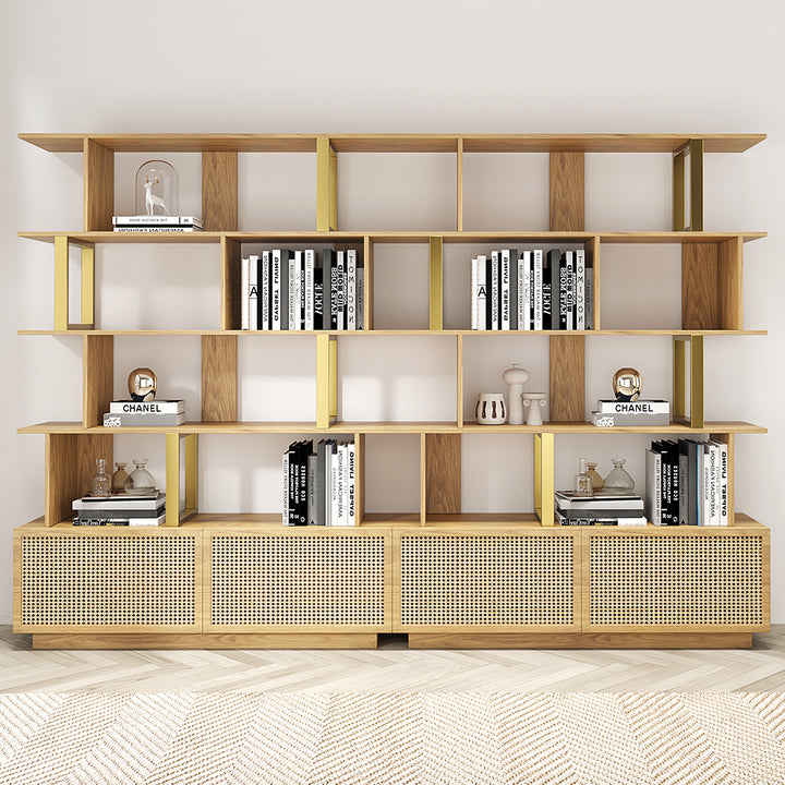 5-Tier Natural Wood Bookshelf with 2 Doors Modern Bookcase in Gold Finish