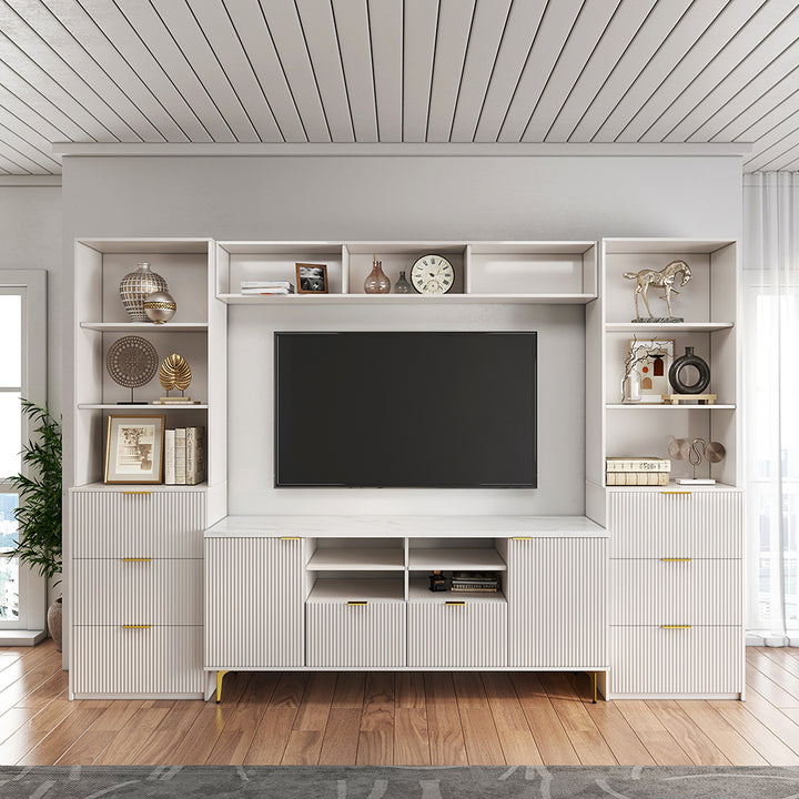 2900mm Fluted Wood Storage 4-Piece Entertainment Center with Bookshelf White TV Stand