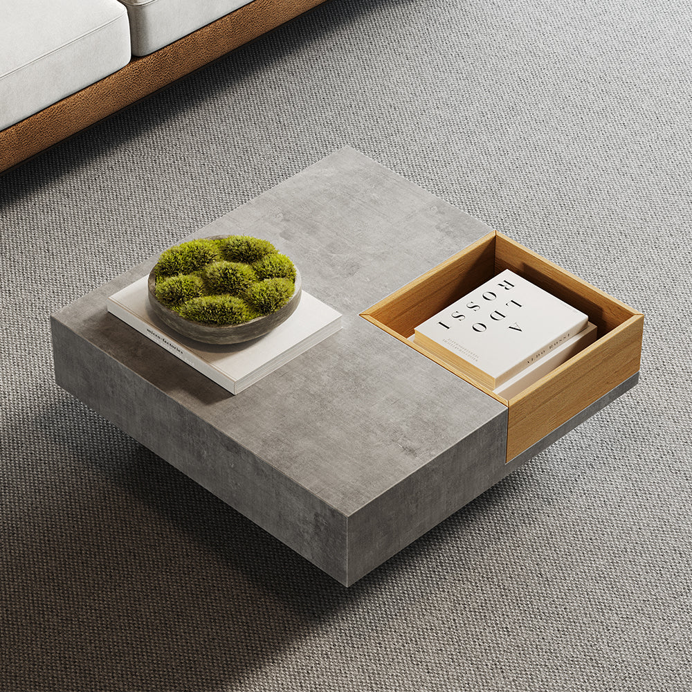 700mm Japandi Wooden Square Coffee Table with Open Storage Concrete Grey & Natural