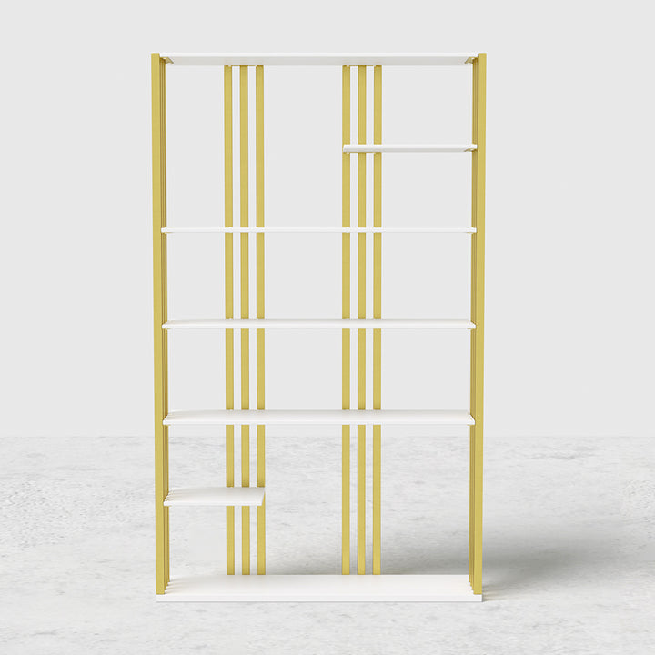 2000mm Modern Steel Etagere Bookshelf Display Shelving 6-Shelf Tall Book Shelf White & Gold