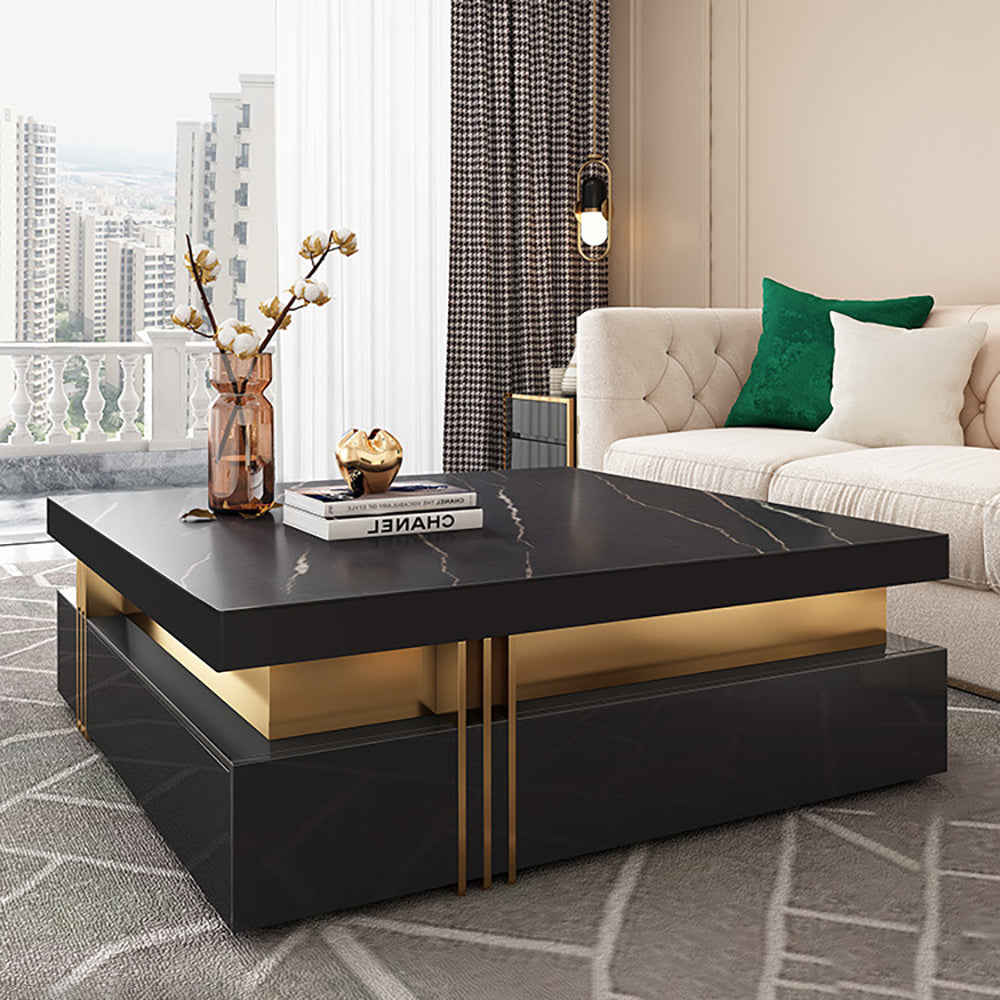 Trimied 1100mm Modern Black Square Storage Coffee Table Stone Top & 4 Wood Drawers