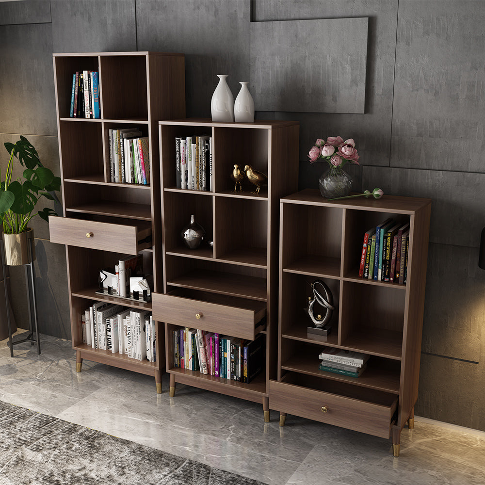 Modern Walnut Bookshelf Bookcase with Metal Frame and Drawer