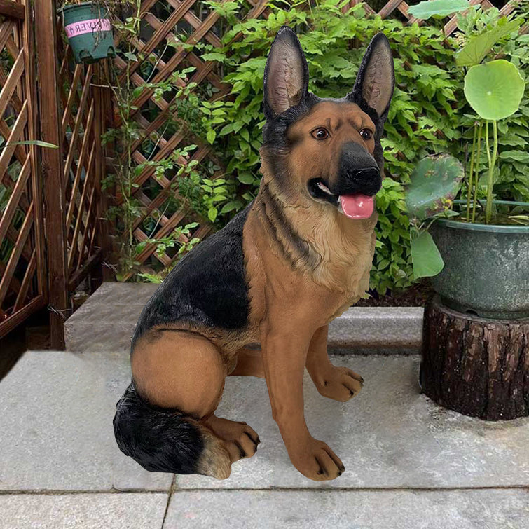 Outdoor German Shepherd Statue Garden Sculpture Resin Dog Floor Decor in Black & Brown