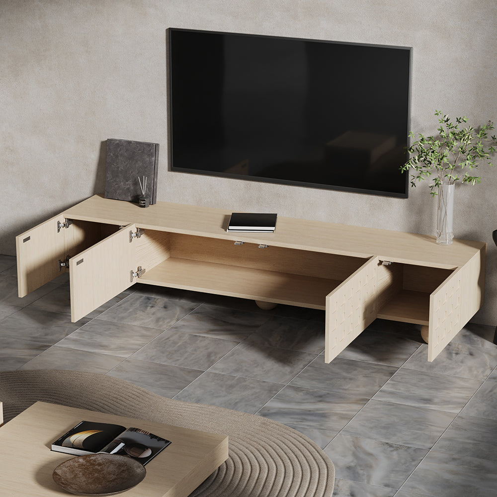 2000mm Whitewash Wood TV Stand with Storage Wabi-Sabi 4 Cabinets Round Legs