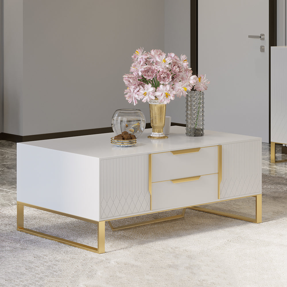 Aro Modern White Rectangular Coffee Table with Storage of Drawers & Doors in Gold