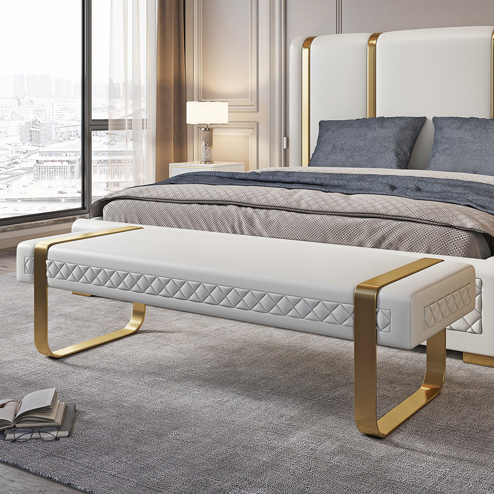 Modern White Faux Leather Upholstered Bedroom Bench with Stainless Steel Frame