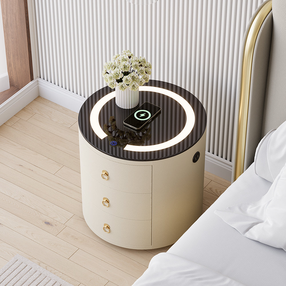 Round PU Leather Nightstand with Wireless Charging & Speakers & USB Port Modern Off-White Bedside Table