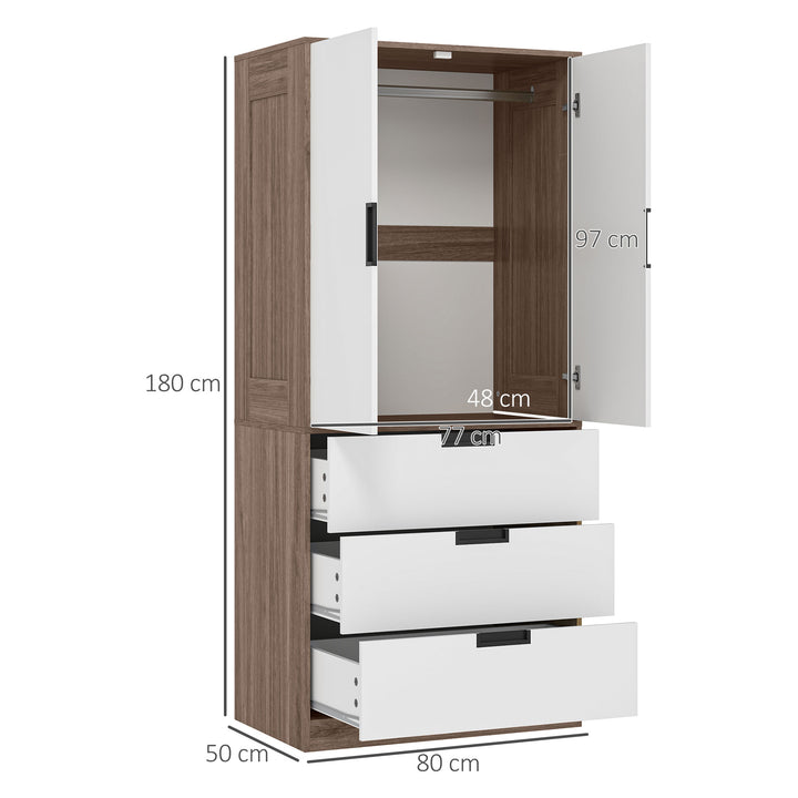 HOMCOM 2 Door Wardrobe with 3 Drawers, Brown