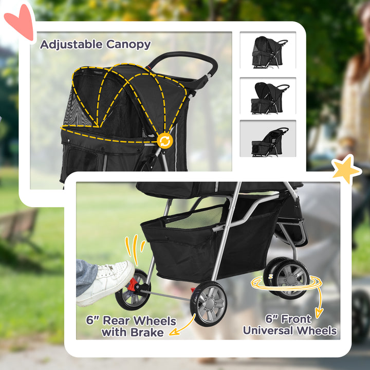 Pet Travel Stroller Cat Dog Pushchair Trolley Puppy Jogger Carrier Three Wheels for Small Miniature Dogs(Black)