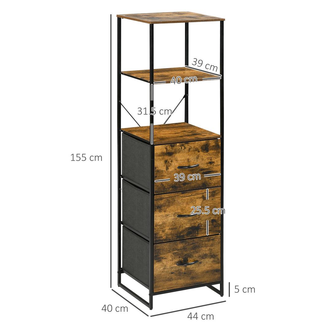 HOMCOM Industrial-Style Bookcase with 2 Open Shelves, 3 Fabric Drawers