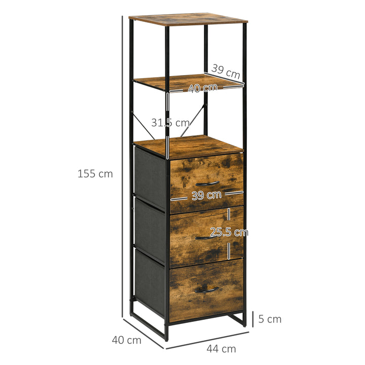 HOMCOM Industrial-Style Bookcase with 2 Open Shelves, 3 Fabric Drawers