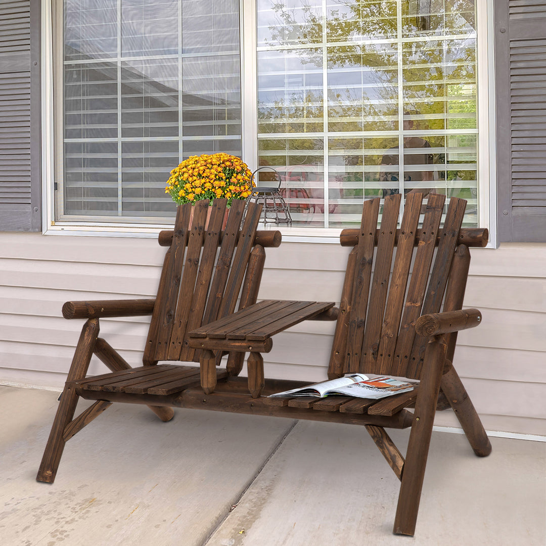 Wood Patio Chair Bench 2 Seats with Center Coffee Table