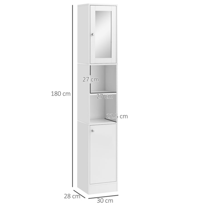 kleankin Free Standing Bathroom Cabinet with Mirror, Tallboy Unit with Adjustable Shelves, 30W x 28D x 180Hcm, White Aosom UK