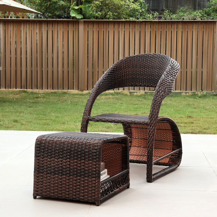 Outdoor PE Rattan Recliner Chair with Ottoman & Storage 2-Piece Set in Coffee