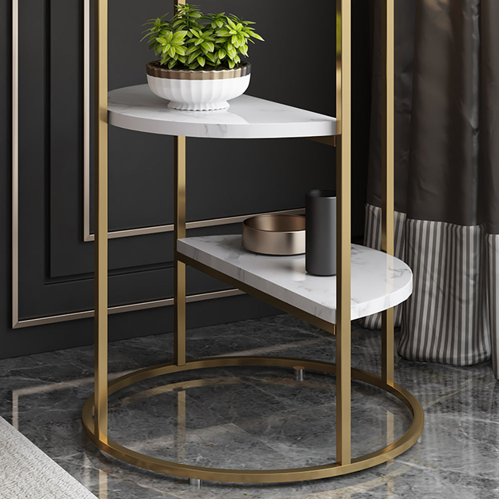 3-Tiered White & Gold End Table with Shelf Sintered Stone Top & Metal Frame Side Table