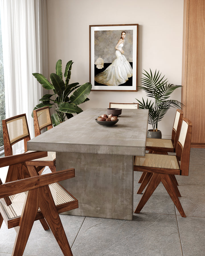 Dining Table Set 71" Rectangular Farmhouse Gray Dining Table & 6 Walnut Japandi Rattan Dining Chairs