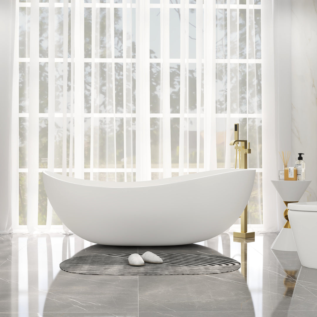 70" Contemporary Oval Freestanding Stone Resin Soaking Bathtub in Matte White