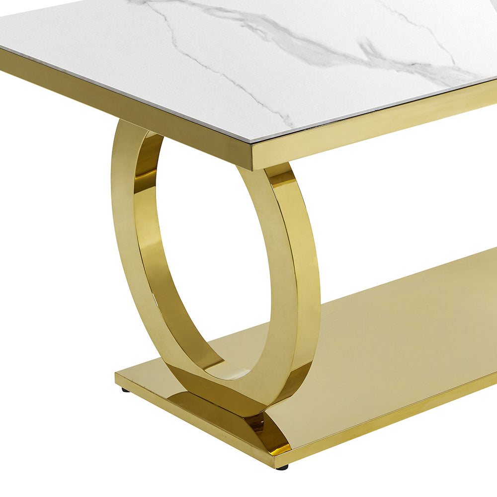 79" Rectangle Marble Dining Table Stainless Steel Base in Luxury Gold Modern White Dining Room Table