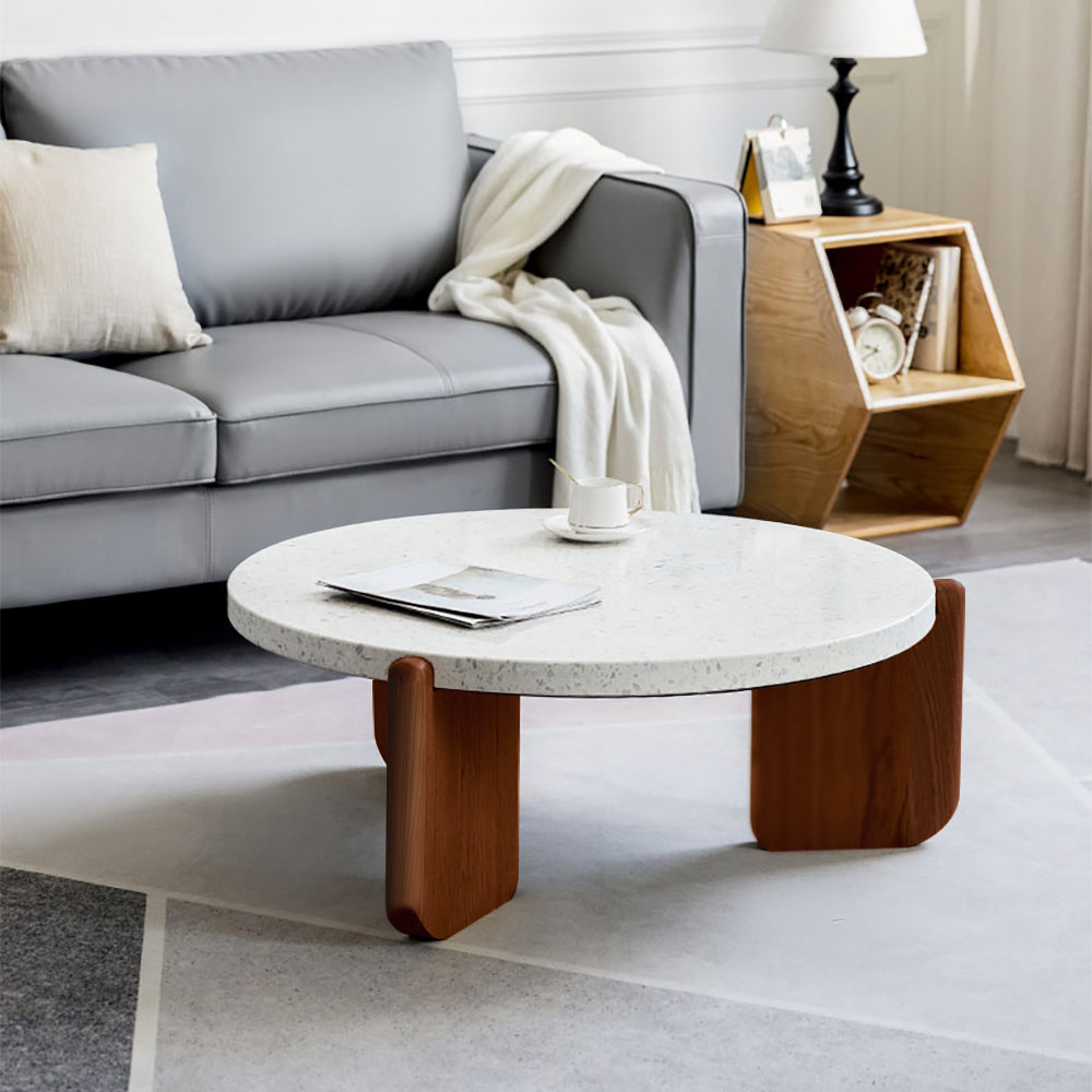 850mm White Round Terrazzo Coffee Table with Pine Wood Legs in Walnut